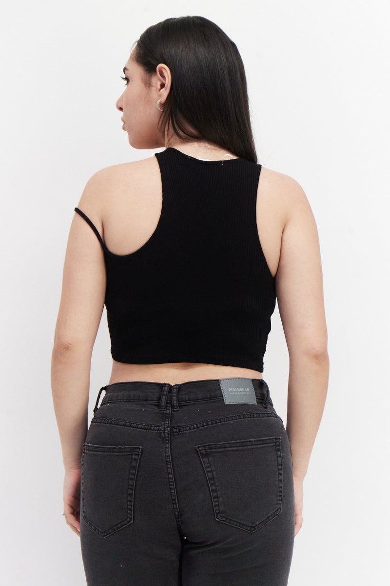 Pull & Bear Women Crew Neck Sleeveless Solid Top, Black  - Image 3