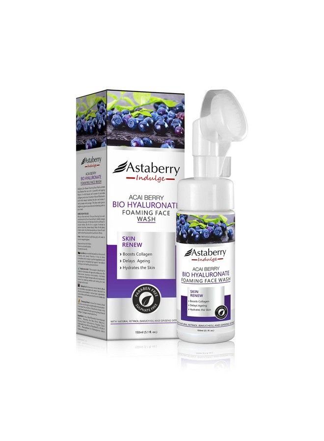 Astaberry Indulge Acai Berry Bio Hyaluronate Foaming Face Wash 150 Ml With Silicone Brush; Cleanses The Pores; Removes Dead Skin Cells With Hyaluronic Acid & Bakuchiol - Image 1