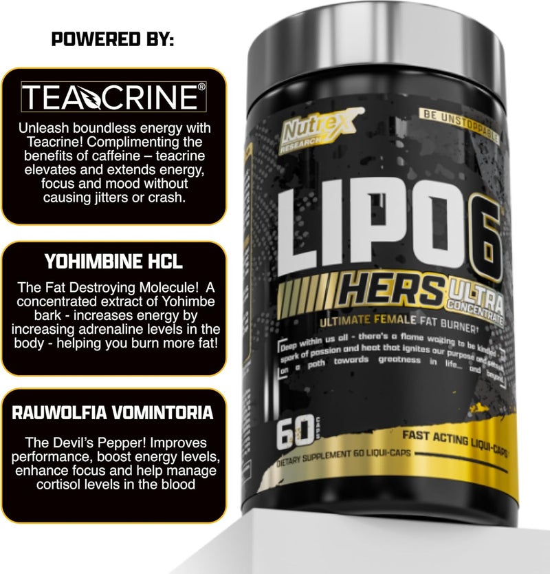 Nutrex Research Lipo6 Black Hers Ultra Concentrate  Weight Loss Pills for Women  Fat Burner Appetite Suppressant Metabolism Booster for Weight Loss  Hair Skin  Nails Support  60 Diet Pills - Image 3