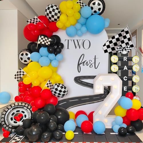 HEPAPATE Race Car Birthday Party Balloons Arch Kit179pcs Race Car Party Decorations Red yellow black and blue Checkered Flag Wheels Foil Balloon for Boys Racing car Theme Two Fast Party Supplies - Image 1