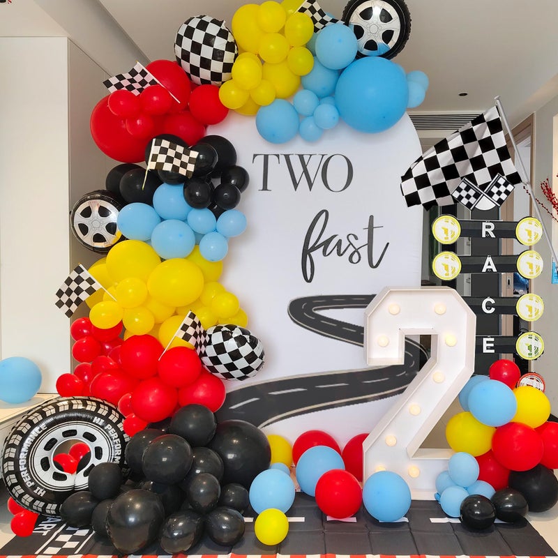 HEPAPATE Race Car Birthday Party Balloons Arch Kit179pcs Race Car Party Decorations Red yellow black and blue Checkered Flag Wheels Foil Balloon for Boys Racing car Theme Two Fast Party Supplies - Image 2