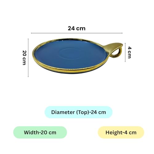 Lemon Tree Ceramic Round Serving Platter with Golden Rim & Hook Shape Handle | Ideal for Serving Snacks, Desserts, Fruits & Salads (Blue) - Image 5