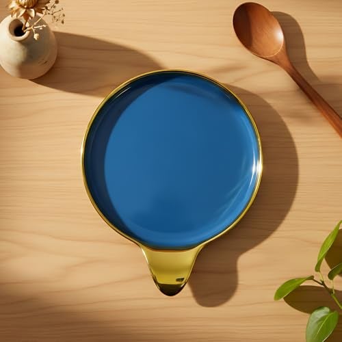 Lemon Tree Ceramic Round Serving Platter with Golden Rim & Hook Shape Handle | Ideal for Serving Snacks, Desserts, Fruits & Salads (Blue) - Image 4