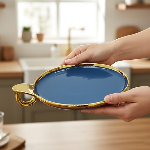 Lemon Tree Ceramic Round Serving Platter with Golden Rim & Hook Shape Handle | Ideal for Serving Snacks, Desserts, Fruits & Salads (Blue) - Image 3