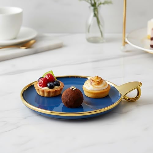 Lemon Tree Ceramic Round Serving Platter with Golden Rim & Hook Shape Handle | Ideal for Serving Snacks, Desserts, Fruits & Salads (Blue) - Image 2