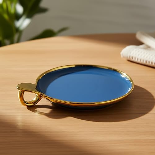 Lemon Tree Ceramic Round Serving Platter with Golden Rim & Hook Shape Handle | Ideal for Serving Snacks, Desserts, Fruits & Salads (Blue) - Image 1