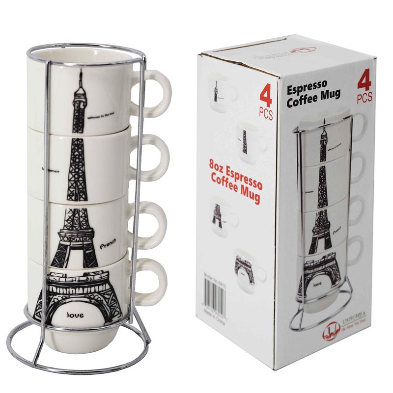 Uniware Chic Eiffel Tower Paris Stacking Porcelain Espresso Coffee Mug Set with Stainless Steel Stand Gift BoxSet of 4 Pcs Mugs