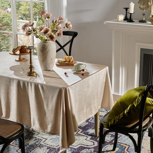 OMMATO Velvet Tablecloths Rectangular 55x84 Inch French Luxury Table Cloth Vintage Retro Farmhouse Rustic Country Tablecloth Washable Table Cover for Party Wedding Kitchen Dinning Tabletop Decor,Champagne - Image 2
