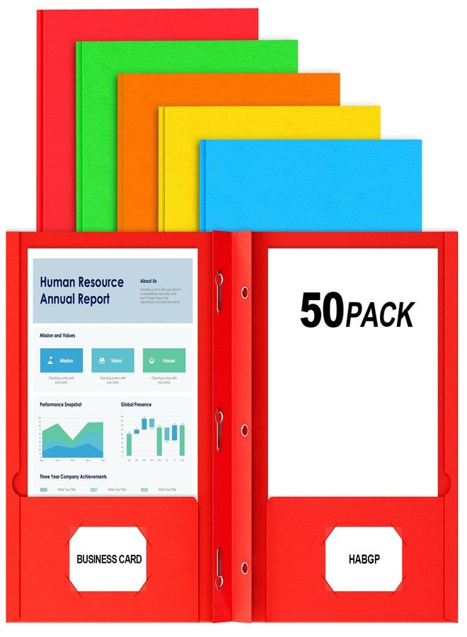 HABGP 50 Pack Two Pocket Folder with Prongs, Paper Folders with Pockets and Business Card Holder, Folders with Pocket Fit Letter Size, Organizing Papers in School, Office & Business 5 Color 10 Set - Image 1