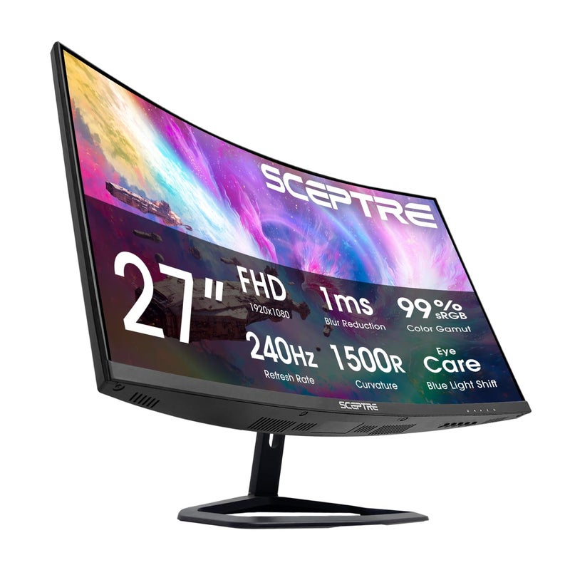 Sceptre شاشة ألعاب من سبيكتر 27 بوصة منحنية، FHD 1080p، 240Hz، 1500R، DisplayPort و HDMI x2، مكبرات صوت مدمجة، أسود آلي (سلسلة C275B-FWT240، 2026) - Image 1