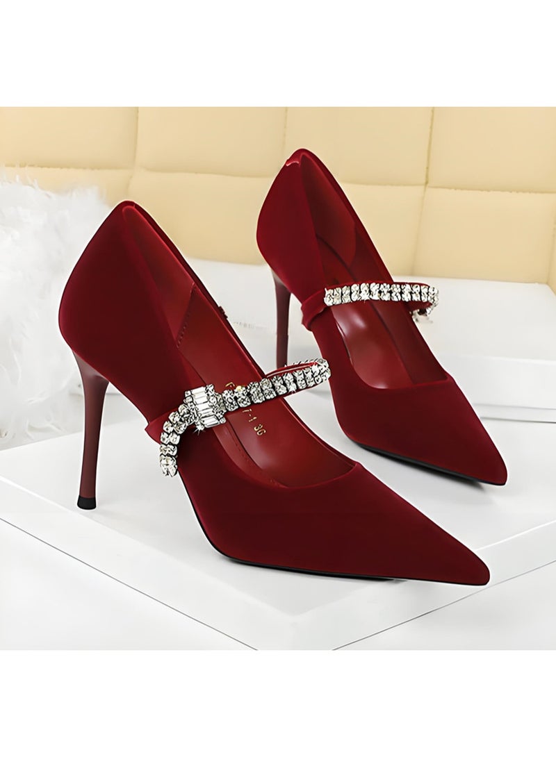 بيج تري المرأة مغلقة أشارت إصبع القدم جلد السويد عالية الكعب مضخات مع حزام الراينست الأسود 10CM - Image 2