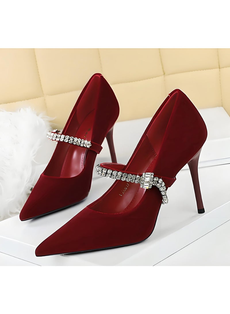 بيج تري المرأة مغلقة أشارت إصبع القدم جلد السويد عالية الكعب مضخات مع حزام الراينست الأسود 10CM - Image 1