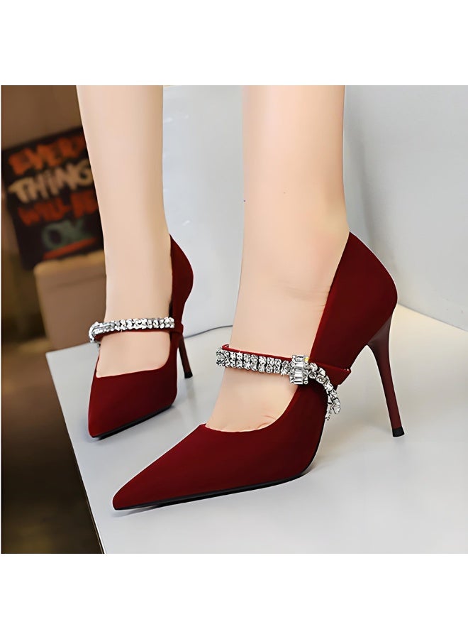 بيج تري المرأة مغلقة أشارت إصبع القدم جلد السويد عالية الكعب مضخات مع حزام الراينست الأسود 10CM - Image 3