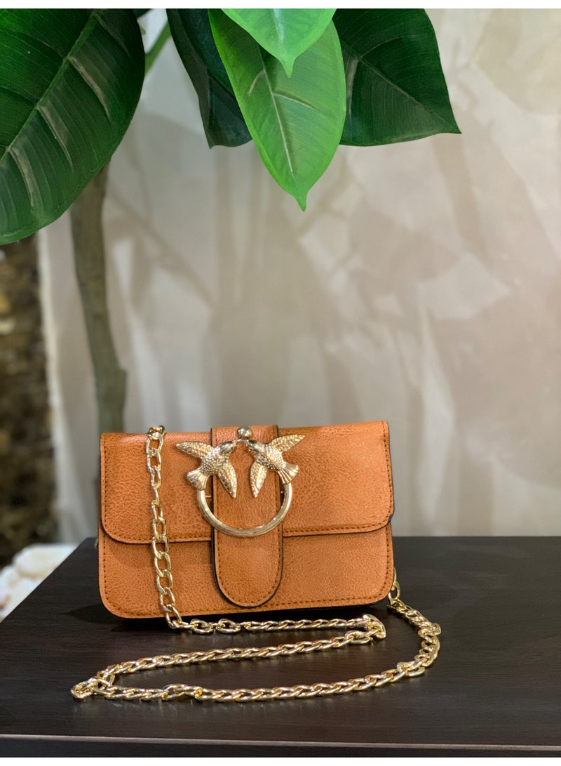 Mini women’s camal Crossbody Bag with Elegant Design and Metallic Chain - Image 5