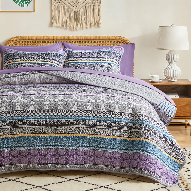 Flysheep 3 Pieces Colorful Boho Quilt Set Full Queen Size, Purple n Grey Bohemian Striped Printed Bedding Bedspread Coverlet Set for Summer, Soft Lightweight Microfiber Quilt with 2 Shams (88x88 inces) - Image 1