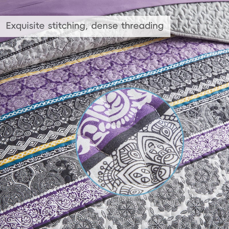 Flysheep 3 Pieces Colorful Boho Quilt Set Full Queen Size, Purple n Grey Bohemian Striped Printed Bedding Bedspread Coverlet Set for Summer, Soft Lightweight Microfiber Quilt with 2 Shams (88x88 inces) - Image 3