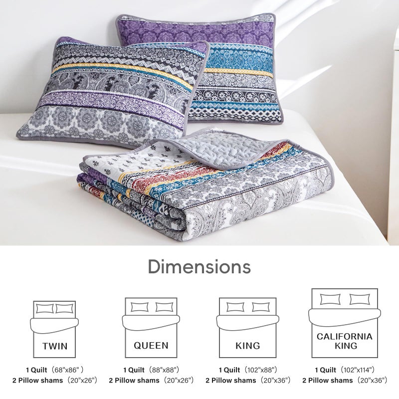Flysheep 3 Pieces Colorful Boho Quilt Set Full Queen Size, Purple n Grey Bohemian Striped Printed Bedding Bedspread Coverlet Set for Summer, Soft Lightweight Microfiber Quilt with 2 Shams (88x88 inces) - Image 5