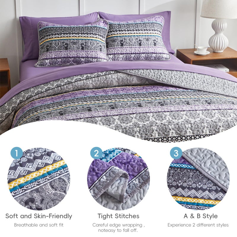 Flysheep 3 Pieces Colorful Boho Quilt Set Full Queen Size, Purple n Grey Bohemian Striped Printed Bedding Bedspread Coverlet Set for Summer, Soft Lightweight Microfiber Quilt with 2 Shams (88x88 inces) - Image 2