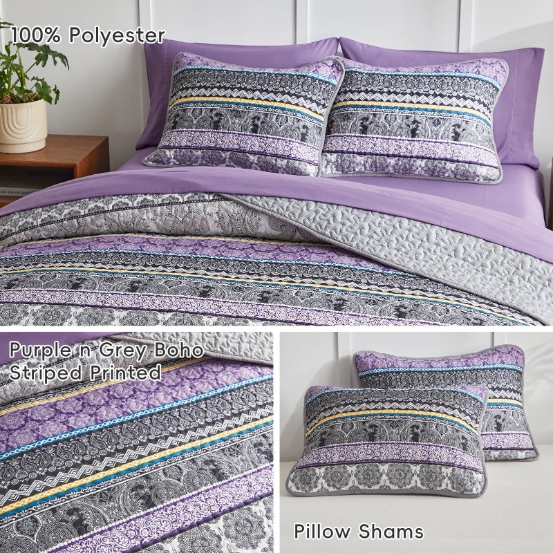 Flysheep 3 Pieces Colorful Boho Quilt Set Full Queen Size, Purple n Grey Bohemian Striped Printed Bedding Bedspread Coverlet Set for Summer, Soft Lightweight Microfiber Quilt with 2 Shams (88x88 inces) - Image 4