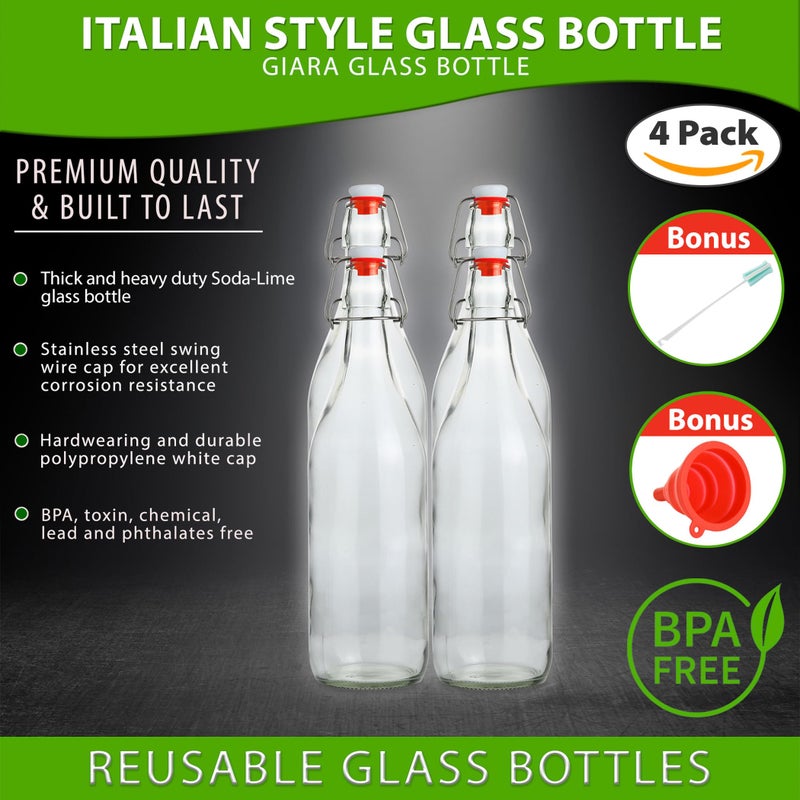 AYL Flip Top Glass Bottle [1 Liter / 33 fl. oz.] [Pack of 4] â€“ Swing Brewing Bottle with Stopper for Beverages, Oil, Vinegar, Kombucha, Water, Soda, Kefir â€“ Airtight Lid & Leak Proof Cap â€“ Clear - Image 3