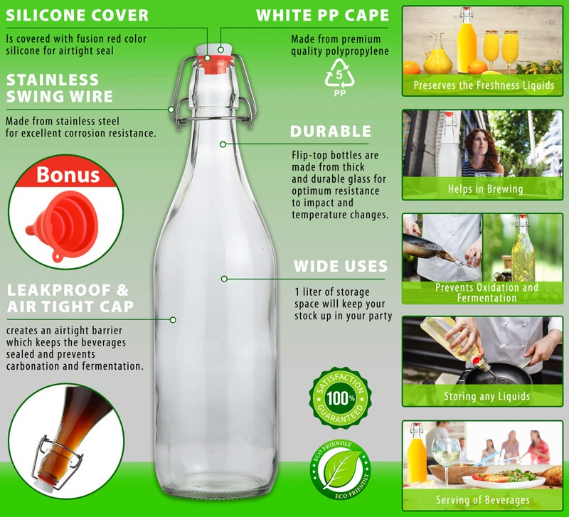AYL Flip Top Glass Bottle [1 Liter / 33 fl. oz.] [Pack of 4] â€“ Swing Brewing Bottle with Stopper for Beverages, Oil, Vinegar, Kombucha, Water, Soda, Kefir â€“ Airtight Lid & Leak Proof Cap â€“ Clear - Image 4