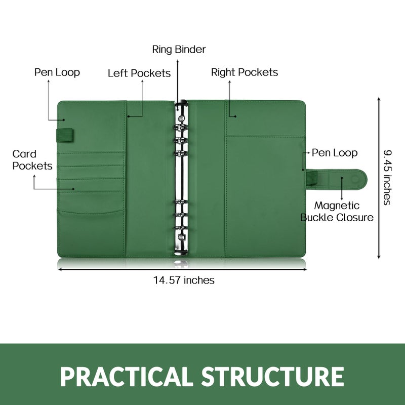 Sooez A5 Notebook Photocard Binder, 6 Budget Binder Ring Planner with Stylish Design, Loose Leaf Personal Organizer Binder Cover with Magnetic Buckle, Macaron PU Leather Binders(Dark Green) - Image 2