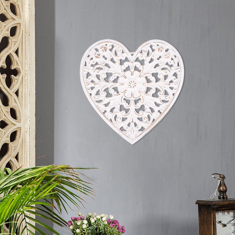 kjcbkcb Wooden Wall Decor, Floral Hollow Carved Wall Panel Hanging Decor Rustic Art Sculpture Decorative Carved Floral-Patterned Distressed White MDF Wall Panel for Hallway Bedroom Cafe Office (Heart) - Image 3