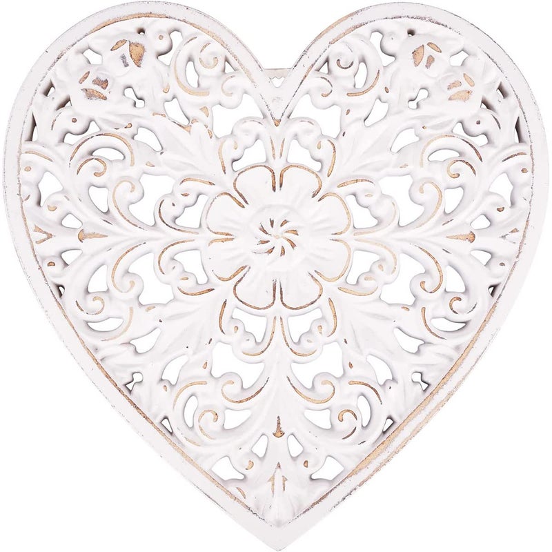 kjcbkcb Wooden Wall Decor, Floral Hollow Carved Wall Panel Hanging Decor Rustic Art Sculpture Decorative Carved Floral-Patterned Distressed White MDF Wall Panel for Hallway Bedroom Cafe Office (Heart) - Image 1