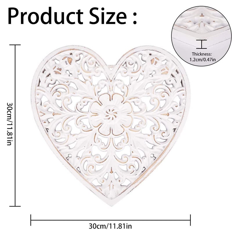 kjcbkcb Wooden Wall Decor, Floral Hollow Carved Wall Panel Hanging Decor Rustic Art Sculpture Decorative Carved Floral-Patterned Distressed White MDF Wall Panel for Hallway Bedroom Cafe Office (Heart) - Image 4