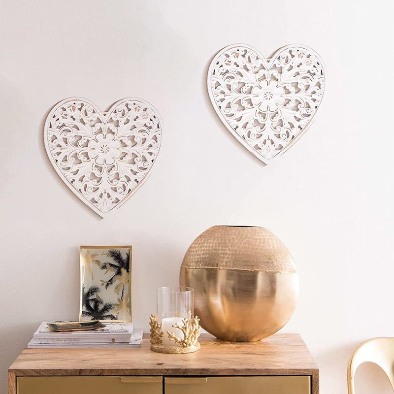 kjcbkcb Wooden Wall Decor, Floral Hollow Carved Wall Panel Hanging Decor Rustic Art Sculpture Decorative Carved Floral-Patterned Distressed White MDF Wall Panel for Hallway Bedroom Cafe Office (Heart) - Image 2