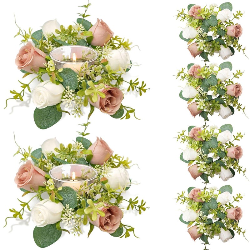 OrgMemory 6 Pcs Candle Rings, Artificial Eucalyptus Leaves Wreath, Pillar Candle Holder for Wedding Home Door Tabletop Decoration, Small Candle Rings Wreaths(Dusty Rose&White) - Image 1