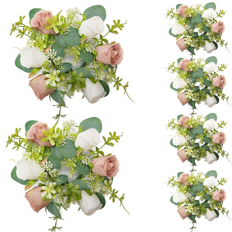 OrgMemory 6 Pcs Candle Rings, Artificial Eucalyptus Leaves Wreath, Pillar Candle Holder for Wedding Home Door Tabletop Decoration, Small Candle Rings Wreaths(Dusty Rose&White) - Image 5