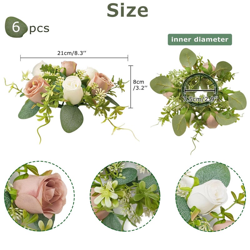 OrgMemory 6 Pcs Candle Rings, Artificial Eucalyptus Leaves Wreath, Pillar Candle Holder for Wedding Home Door Tabletop Decoration, Small Candle Rings Wreaths(Dusty Rose&White) - Image 2
