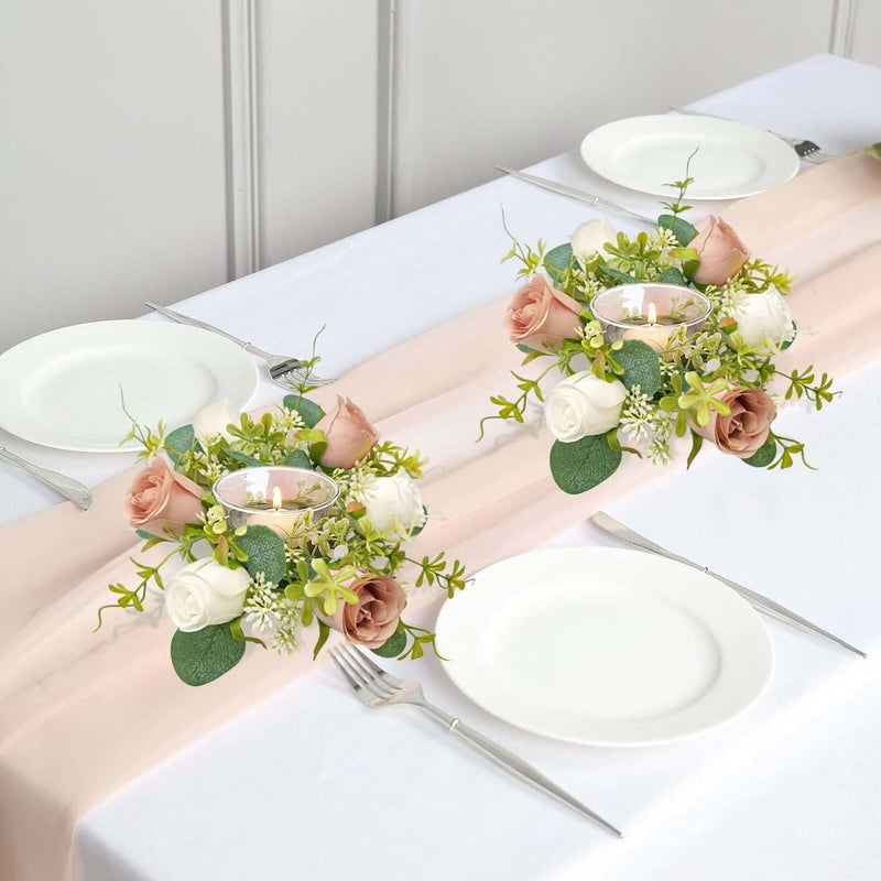 OrgMemory 6 Pcs Candle Rings, Artificial Eucalyptus Leaves Wreath, Pillar Candle Holder for Wedding Home Door Tabletop Decoration, Small Candle Rings Wreaths(Dusty Rose&White) - Image 3