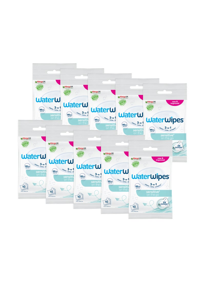 WaterWipes Sensitive+ On The Go Wipes, 3-In-1 Cleans, Cares, Protects, 99.9% Water, Unscented  Wet Wipes - Image 1