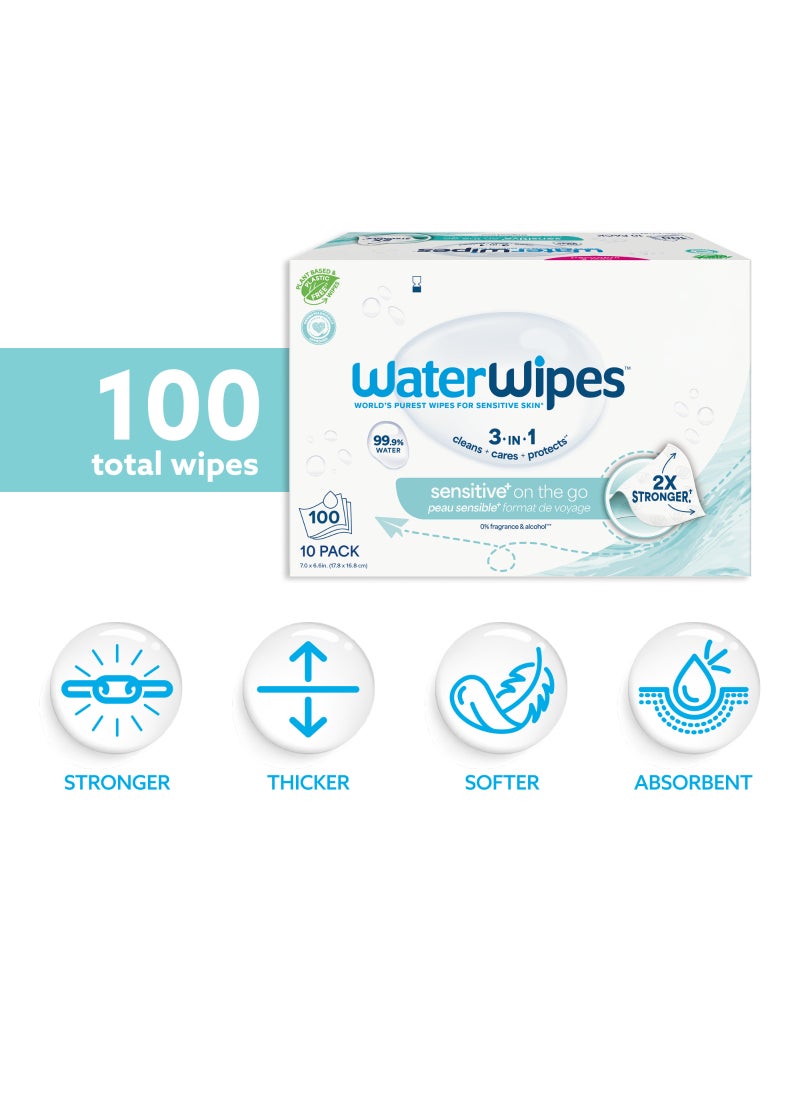 WaterWipes Sensitive+ On The Go Wipes, 3-In-1 Cleans, Cares, Protects, 99.9% Water, Unscented  Wet Wipes - Image 2