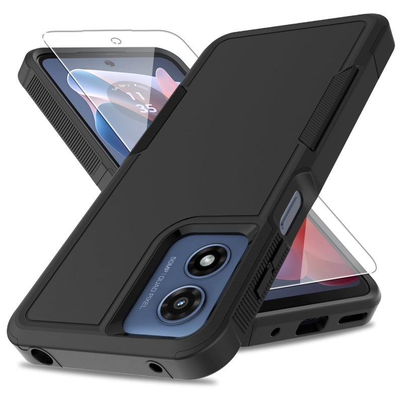 yuanming for Moto G Play 2024 Case, [Military Grade Drop Tested] with Screen Protector, Dual Layer Protective Heavy Duty Cell Phone Cover Non-Slip Shockproof Case for Motorola G Play 4G 2024 (Black) - Image 1