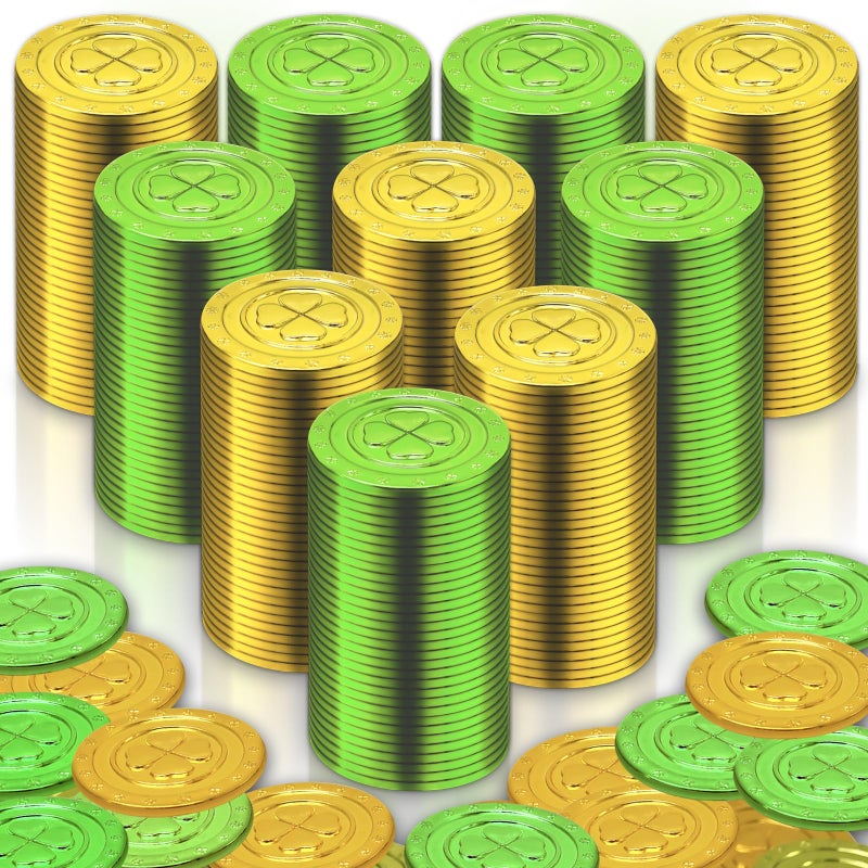 Olutacot 520 Pieces St Patricks Day Coins Plastic Clover Good Luck Coins Green and Gold Shamrock Coins for St Patricks Day Table Decorations Party Supplies - Image 3