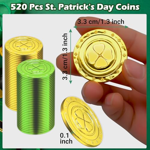 Olutacot 520 Pieces St Patricks Day Coins Plastic Clover Good Luck Coins Green and Gold Shamrock Coins for St Patricks Day Table Decorations Party Supplies - Image 5