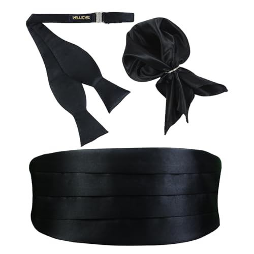 Peluche Debonair Black Cummerbund, Open Bow Tie & Pocket Square Set for Men - Image 1