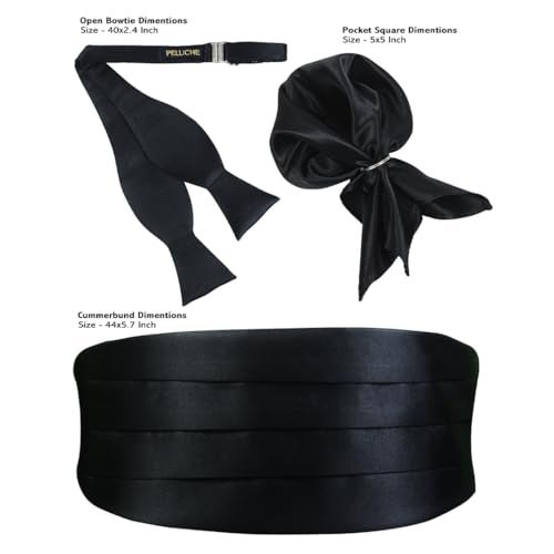 Peluche Debonair Black Cummerbund, Open Bow Tie & Pocket Square Set for Men - Image 5