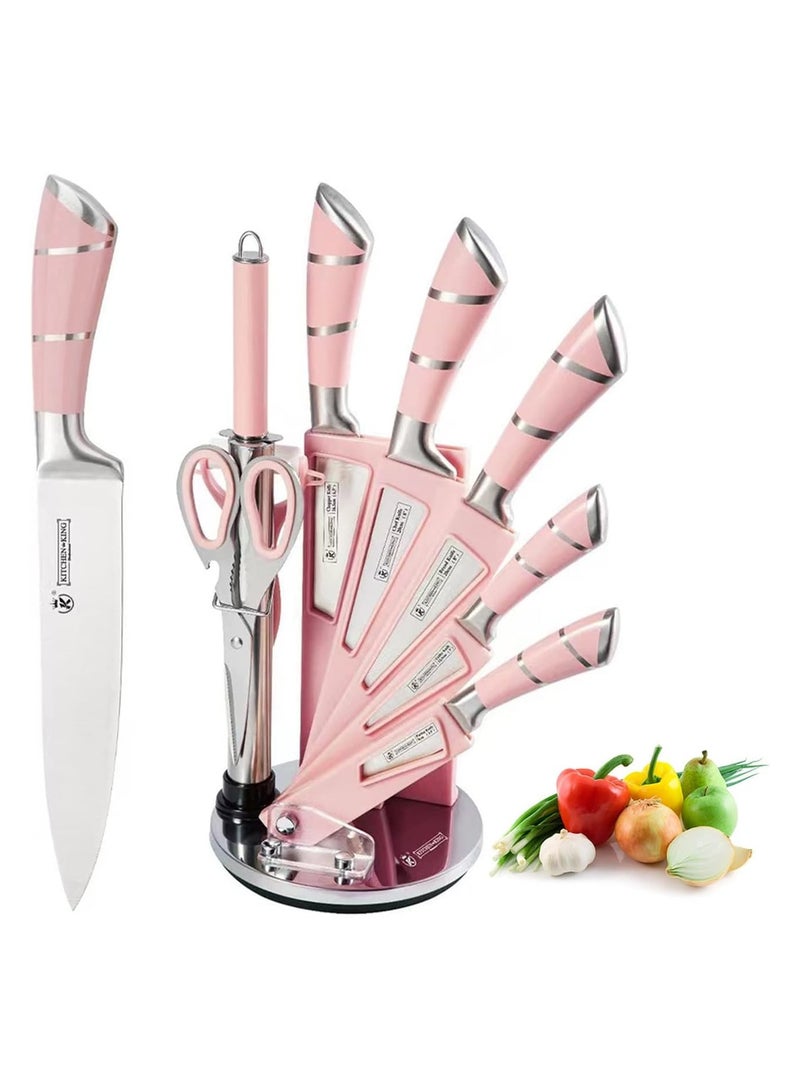 general Pink Kitchen Knife Set, 9-Piece Set - Non-stick, Sharp, High-Carbon Stainless Steel Knives with Acrylic Block - Perfect for Slicing Meat and Chopping - Ideal Kitchen Gift for Women - Image 1