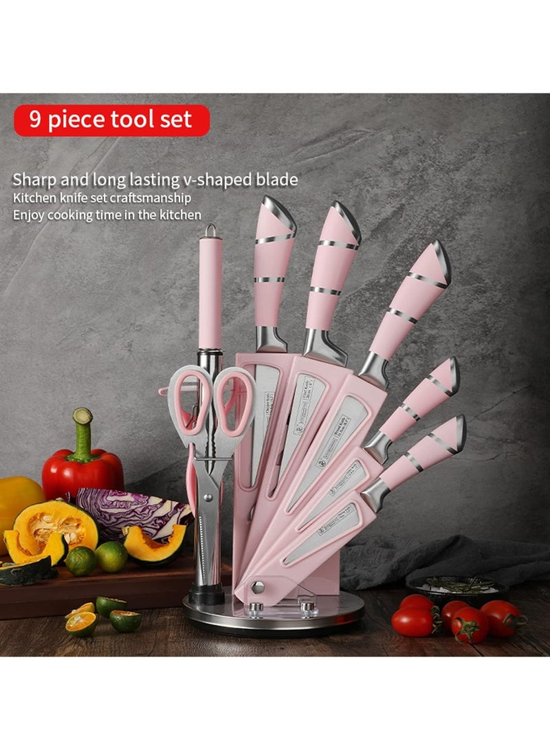 general Pink Kitchen Knife Set, 9-Piece Set - Non-stick, Sharp, High-Carbon Stainless Steel Knives with Acrylic Block - Perfect for Slicing Meat and Chopping - Ideal Kitchen Gift for Women - Image 5