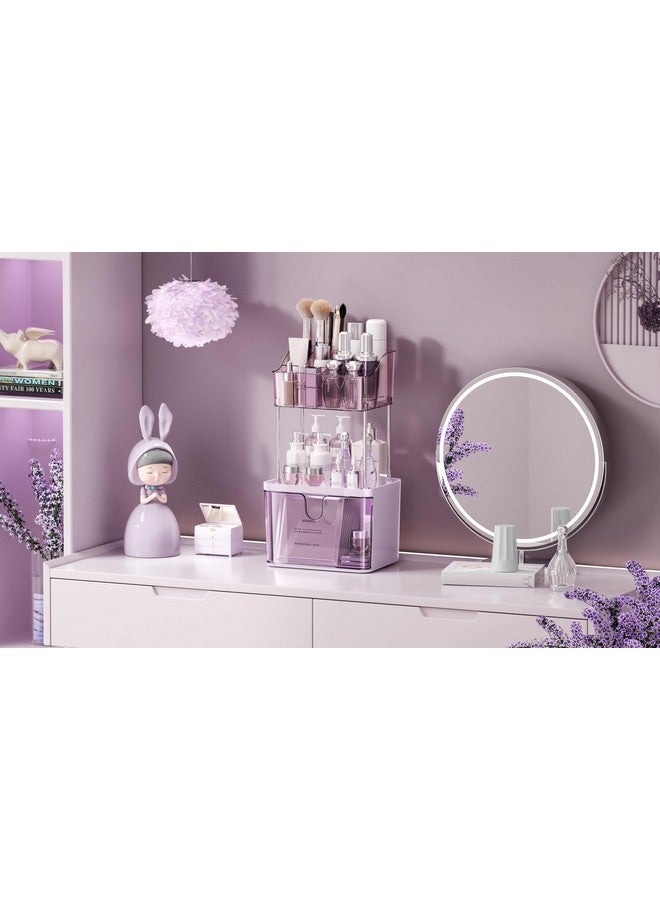 Dravina 3-Tier Makeup Organizer Storage Box | Vanity Tray for Cosmetics, Skincare Organizers, Stationery & Countertop Storage | Bathroom & Dressing Table Organizer, Ideal Gift for Women, Purple, 35cm - Image 1