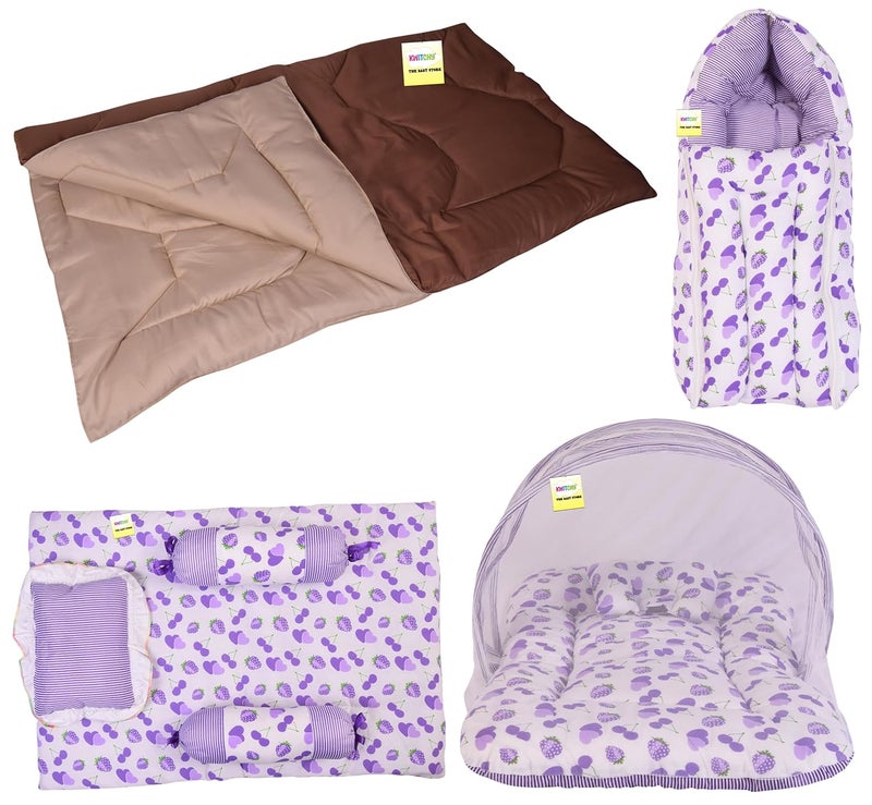 Kwitchy New Born Bedding Combo of Baby Mattress with Net Sleeping Bag Gaddi Set Comforter 06 Months Purple 4PCS Set - Image 1