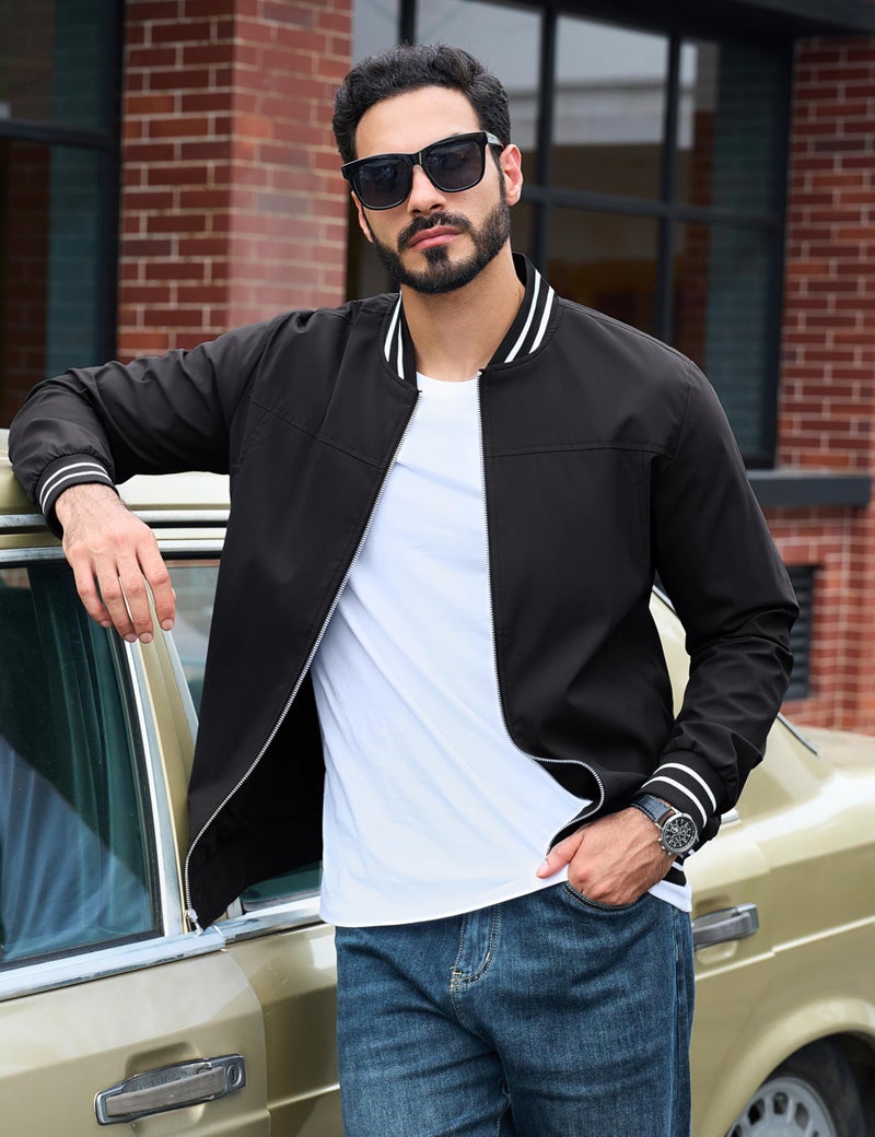 TACVASEN Black Jacket Men Zipper Bomber Mens Jackets Casual Stylish Lightweight Mens Bomber Jackets With Collar Lightweight Windbreaker Jacket - Image 5