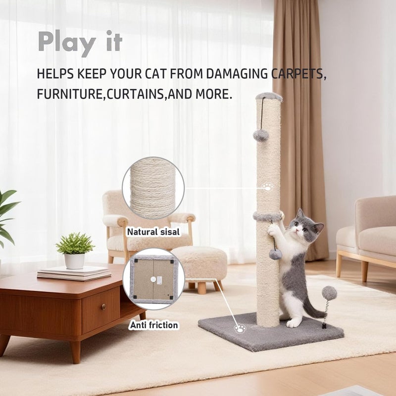 MECOOL 34â€œ Tall Cat Scratching Post Premium Basics Kitten Scratcher Sisal Scratch Posts Trees with Hanging Ball for Indoor Cats, Gray - Image 3
