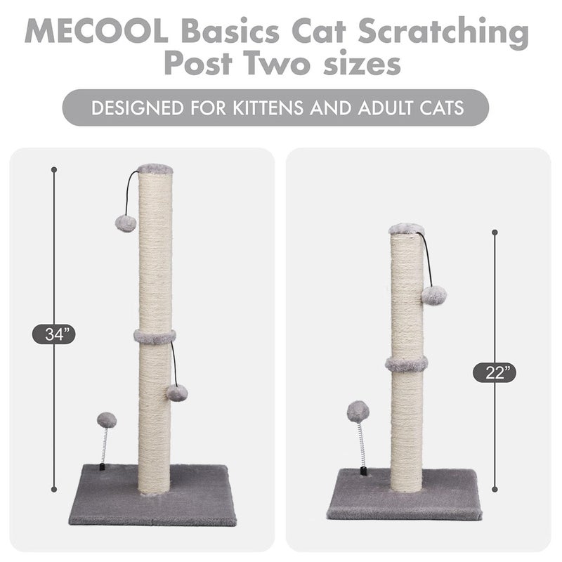 MECOOL 34â€œ Tall Cat Scratching Post Premium Basics Kitten Scratcher Sisal Scratch Posts Trees with Hanging Ball for Indoor Cats, Gray - Image 5