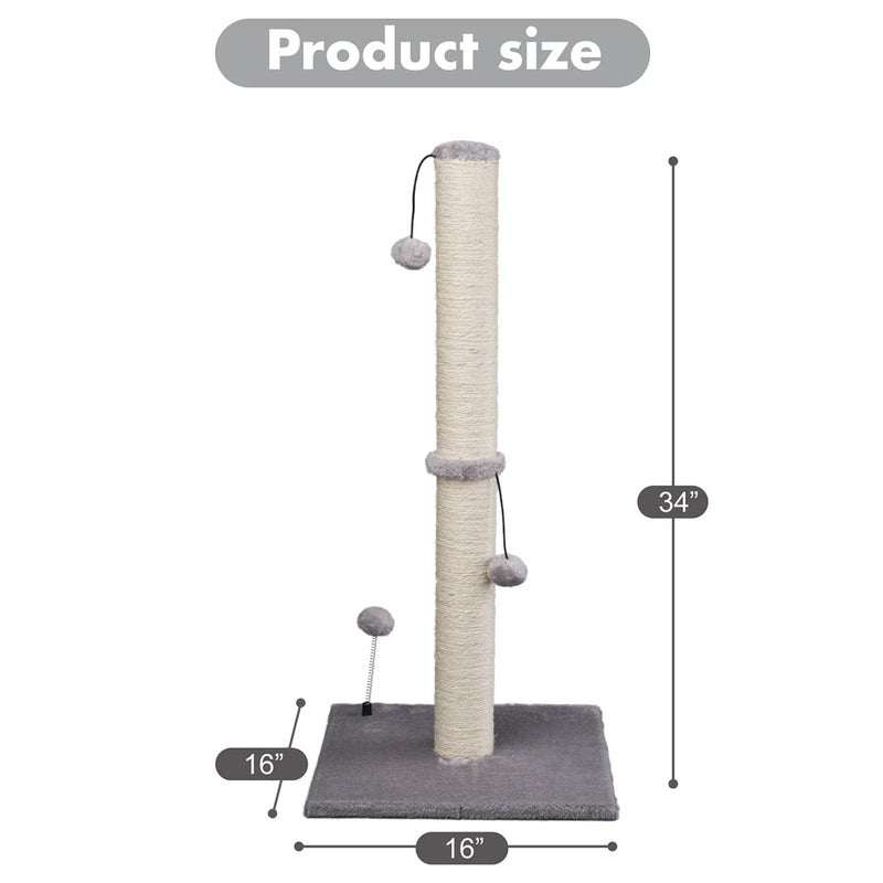 MECOOL 34â€œ Tall Cat Scratching Post Premium Basics Kitten Scratcher Sisal Scratch Posts Trees with Hanging Ball for Indoor Cats, Gray - Image 4