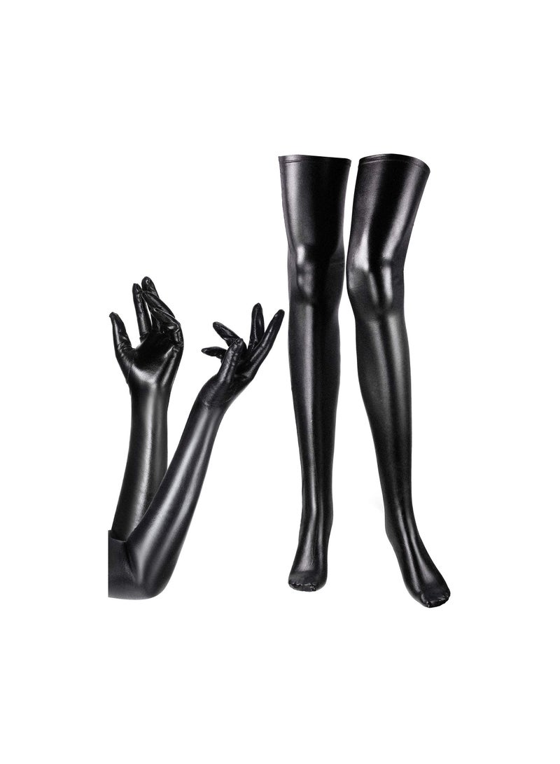 SYOSI Tight Stocking Long Arm Sleeves, Patent Leather Women Costume Kit Show Dance Wedding Prom Long Gloves Thigh Knee Socks (Black, 35" Socks + 21" Sleeves) - Image 1